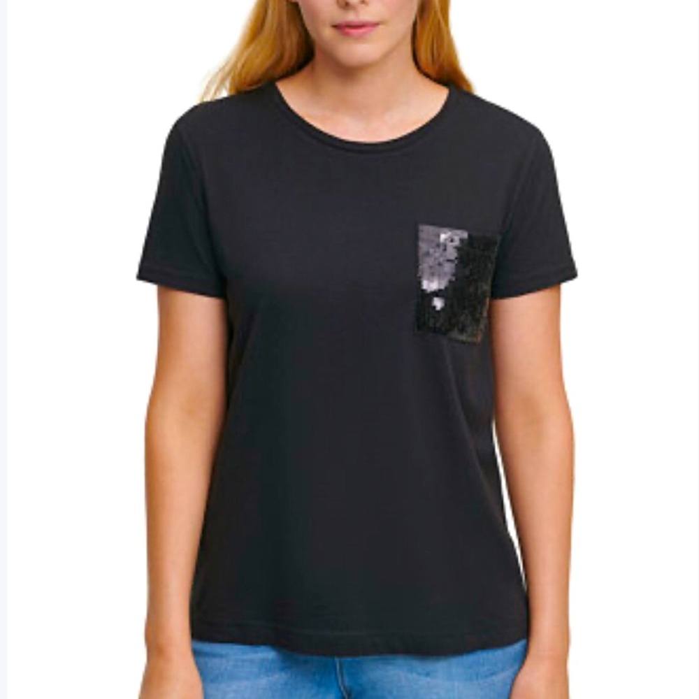 DKNY Womens Black Short Sleeve Round Neck Tshirt With Sequins Pocket, NWOT Large